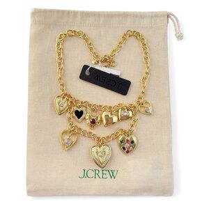 J. Crew Goldtone Crystal Rhinestone Enamel Dangling Hearts Charm Necklace NEW